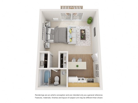 The Columbine Floor Plan; A studio apartment floor plan at Greentree Village Apartments